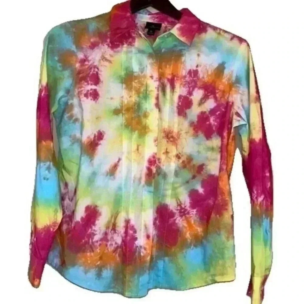 Worthington Up-cycled Tie dyed Petite Button Down Shirt Size LP